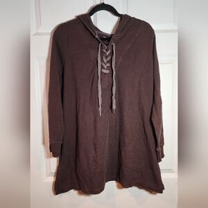 Woman Within Brown Waffle Knit Hooded Sweater with Lace-Up Detail 1X (22/24)